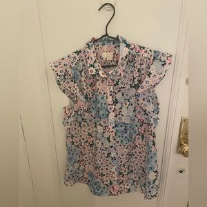 NWOT Kate Spade Large Floral Short Sleeve Button Shirt, Ruffled Sleeves